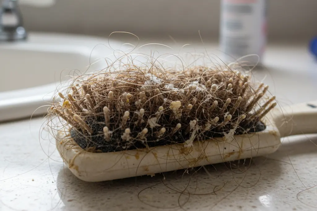 грязная расчёска с волосами и остатками средств