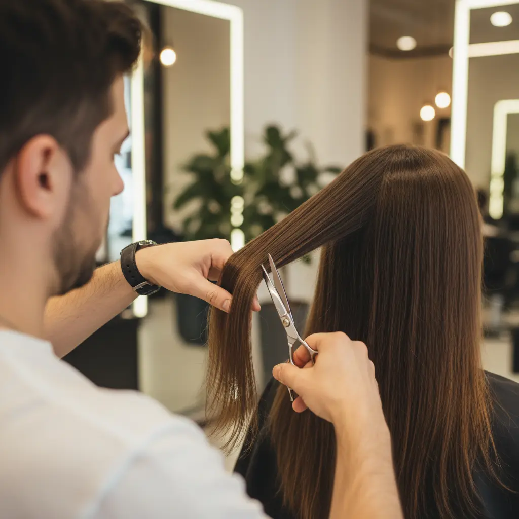 парикмахер подравнивает кончики длинных волос