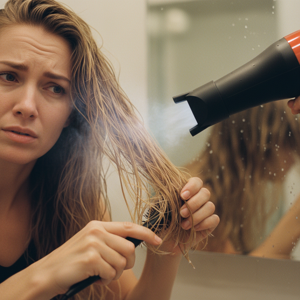 сушка мокрых волос горячим феном