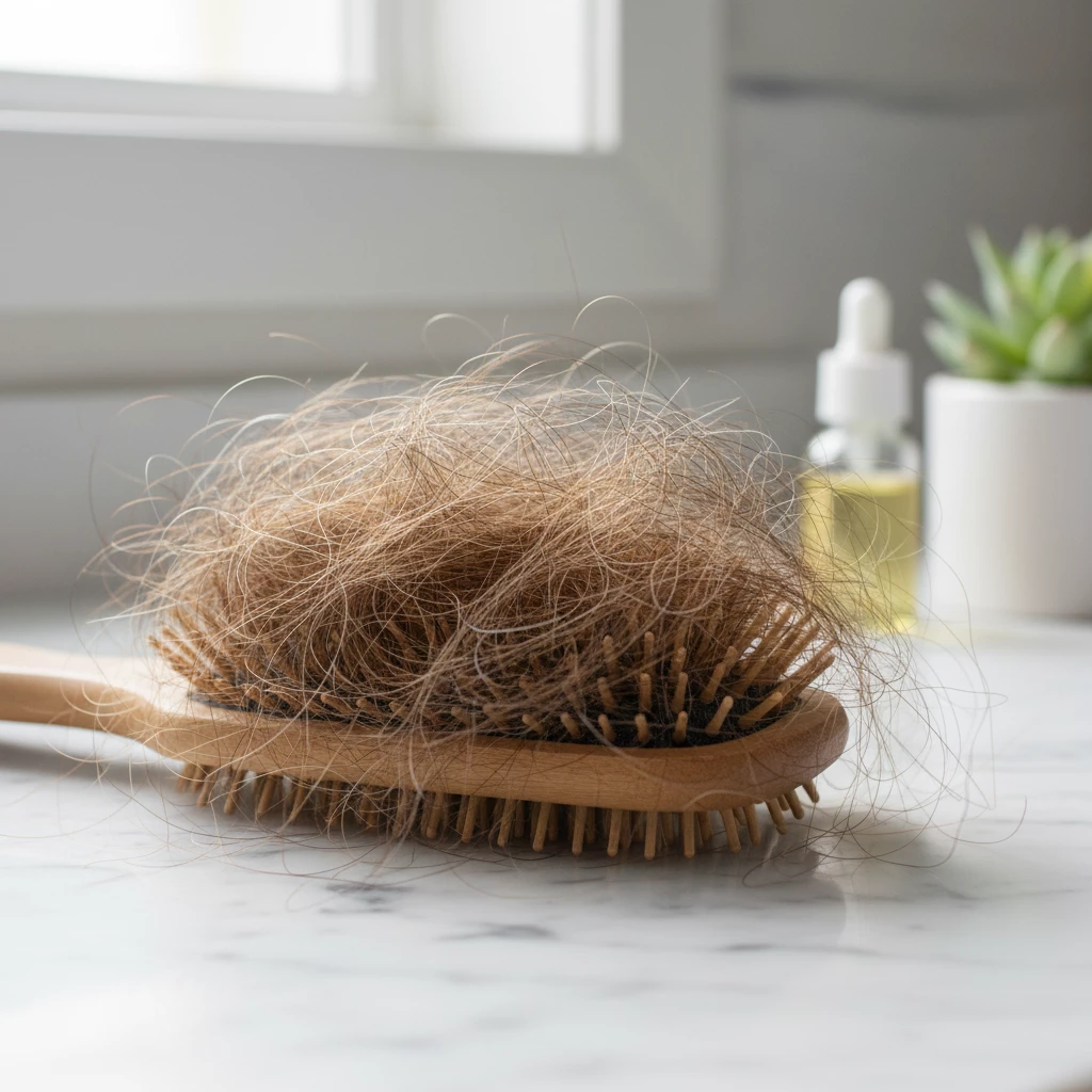 женщина замечает выпадение волос осенью