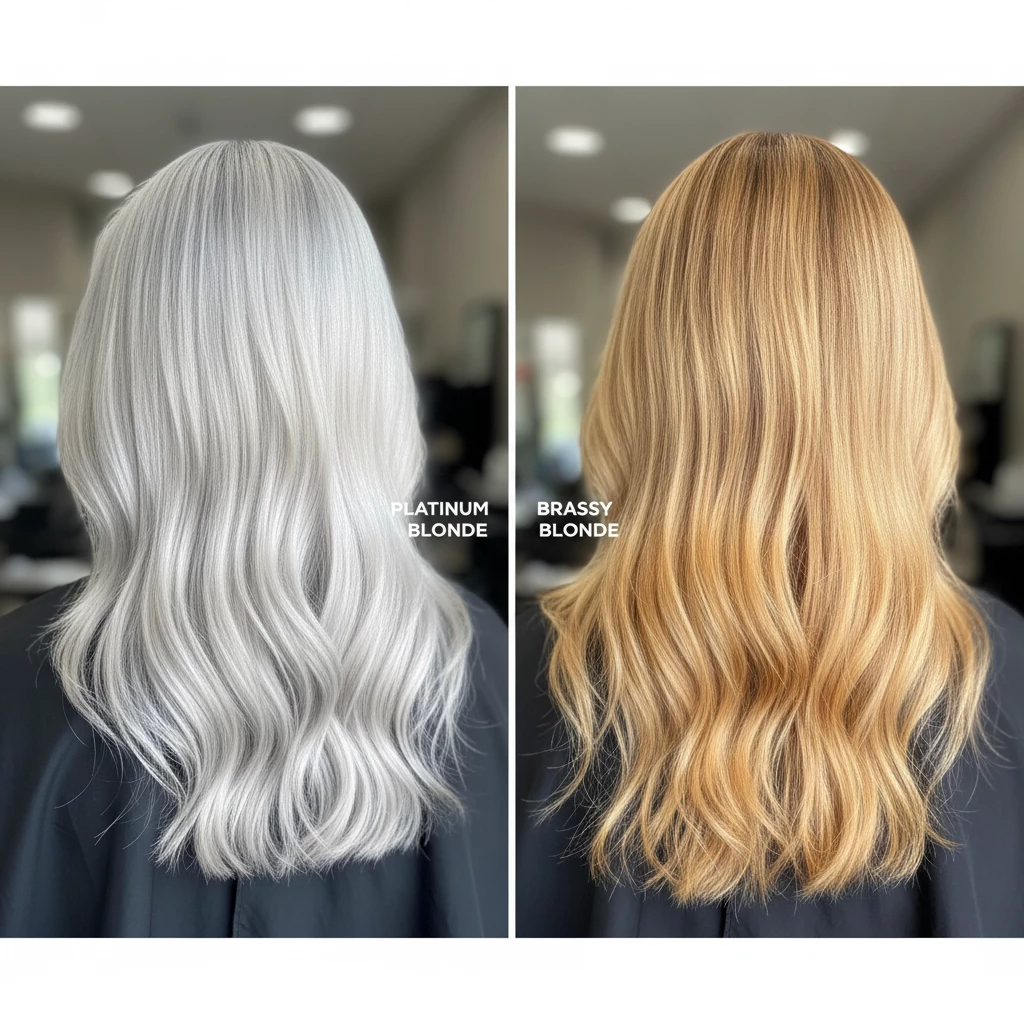 желтизна блонда до и после холодного оттенка волос