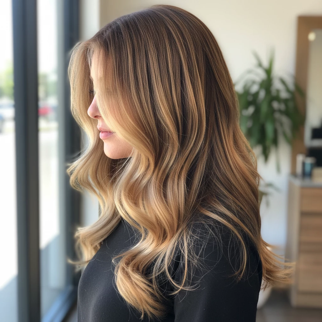 балаяж теплый мягкий переход цвета на длинных волосах