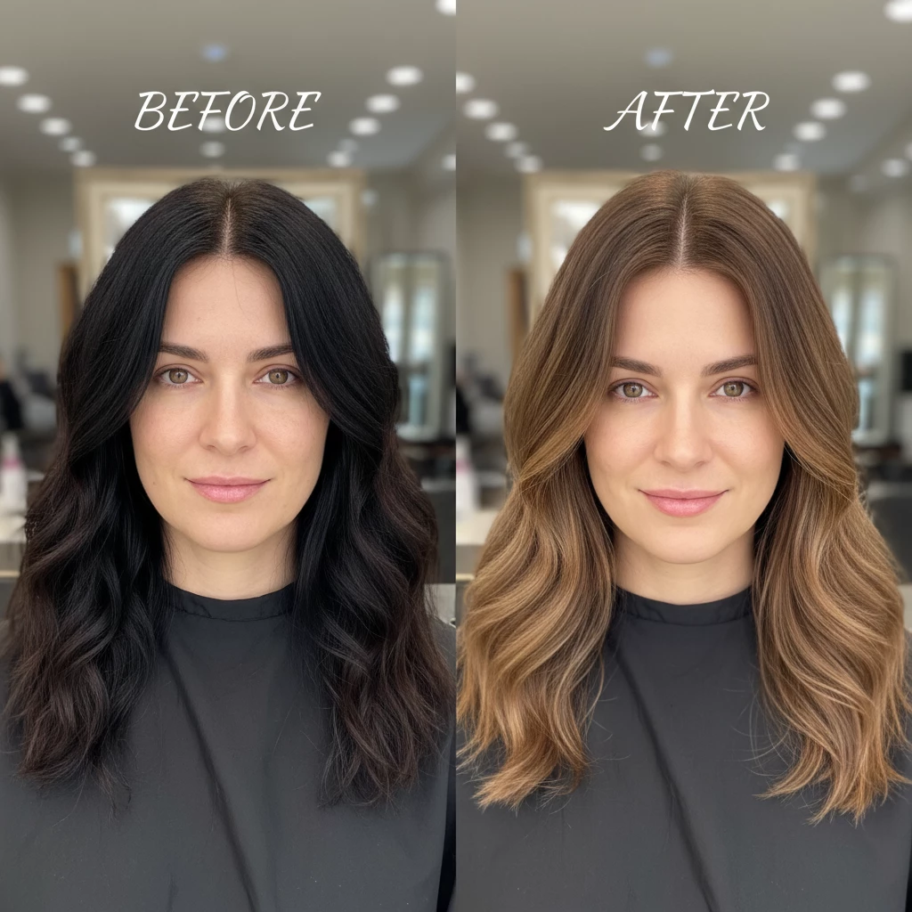 до и после смягчения слишком темного цвета волос
