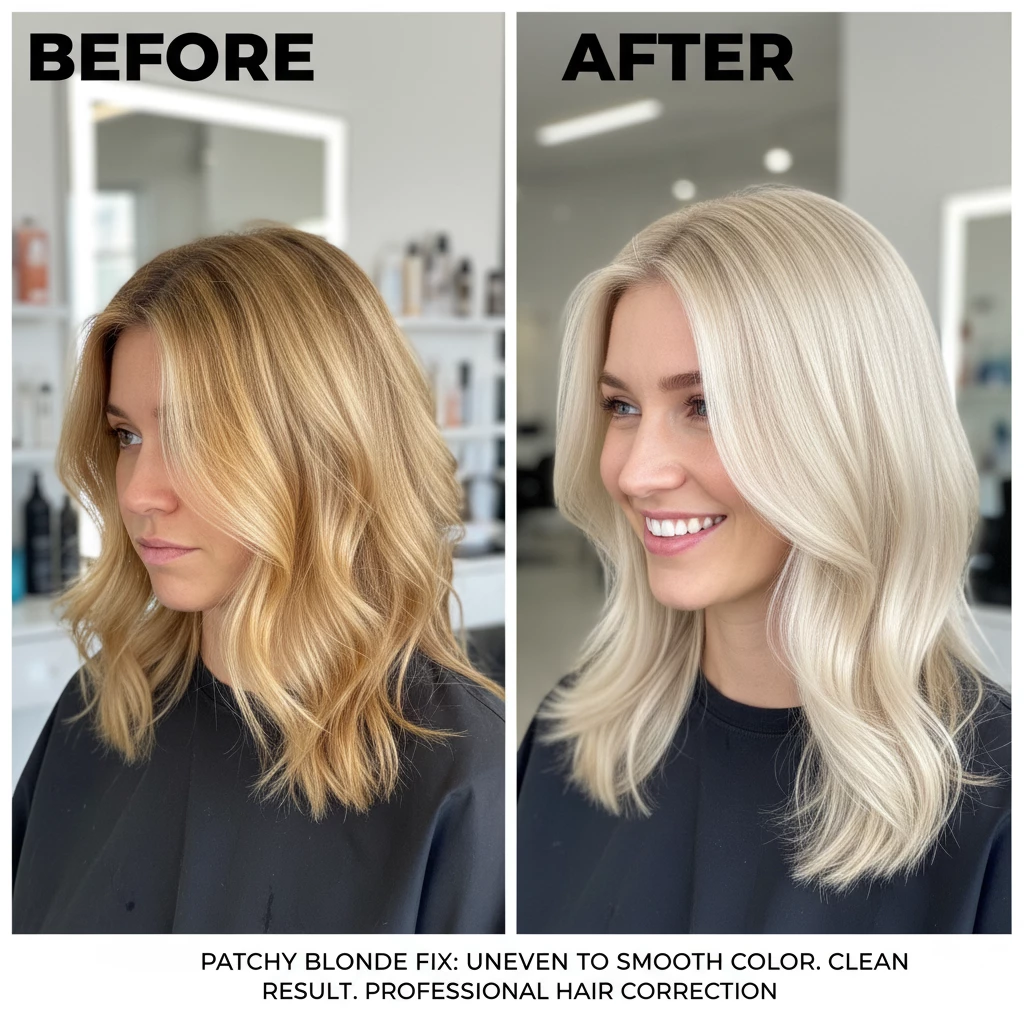 до и после исправления пятнистого блонда