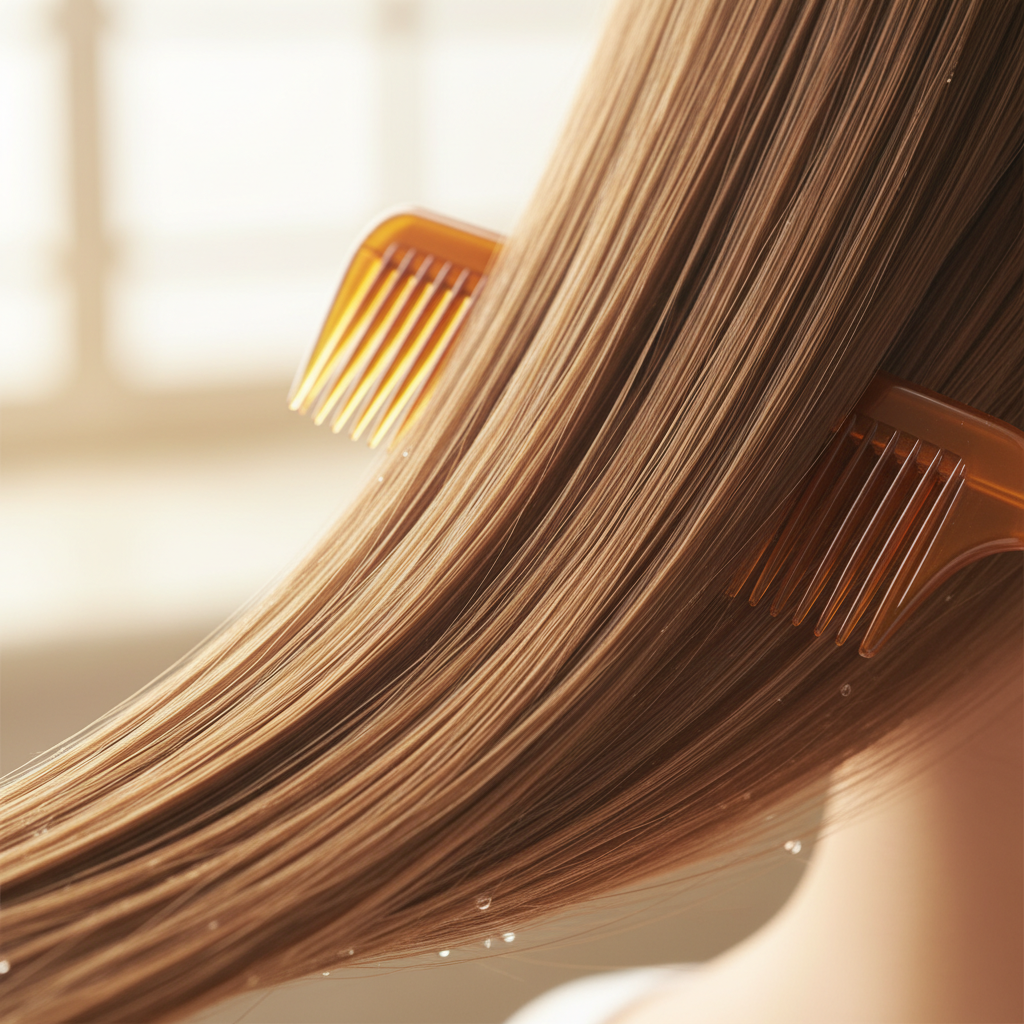 расчесывание гладких блестящих волос