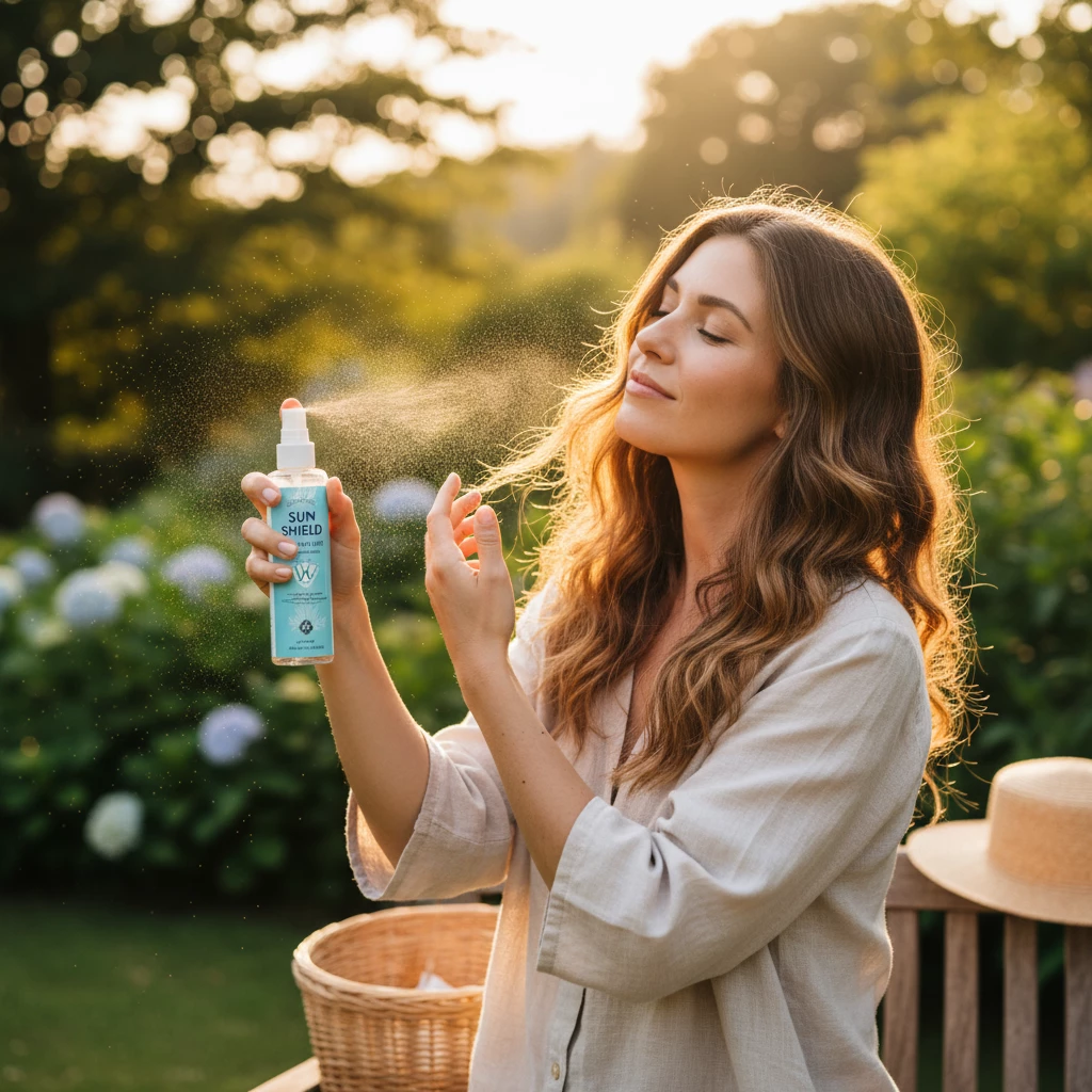 нанесение солнцезащитного спрея на волосы на улице