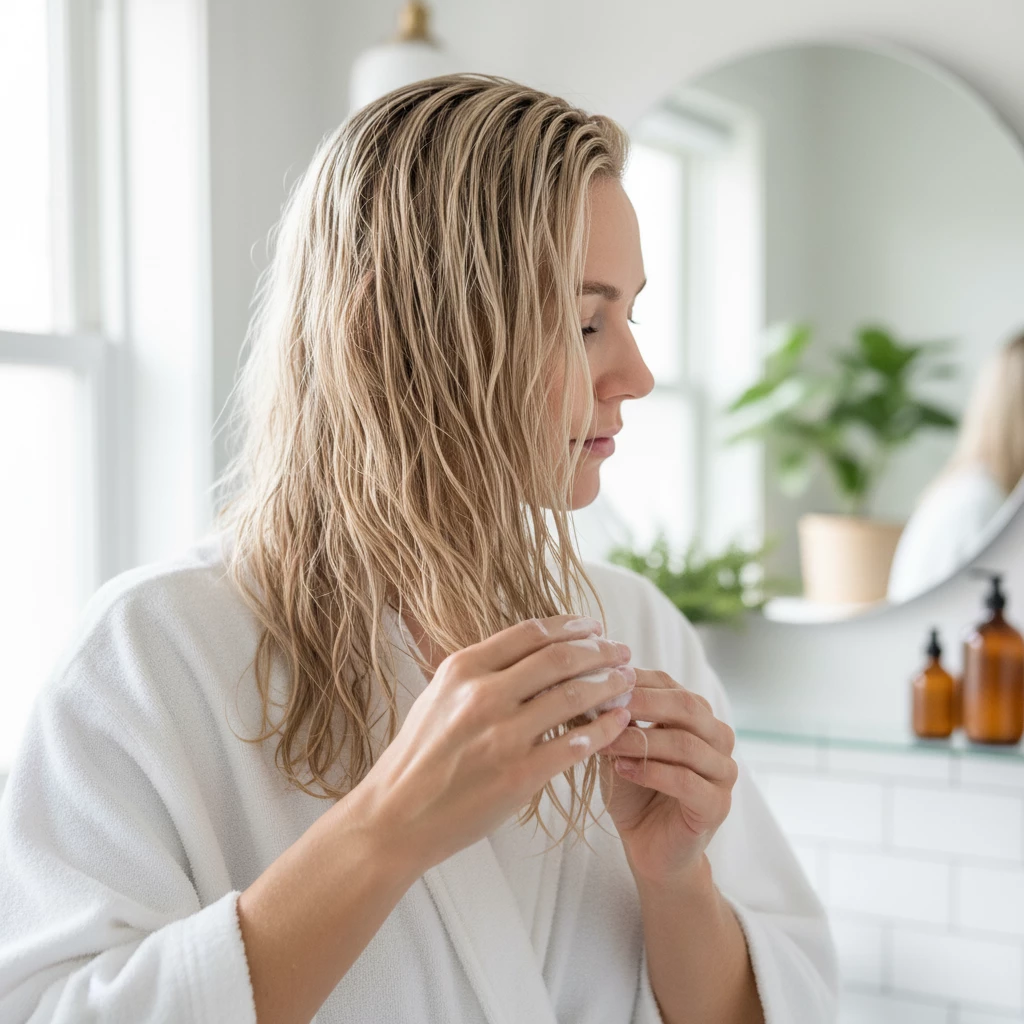 нанесение крема на влажные осветлённые волосы для плотности и мягкости