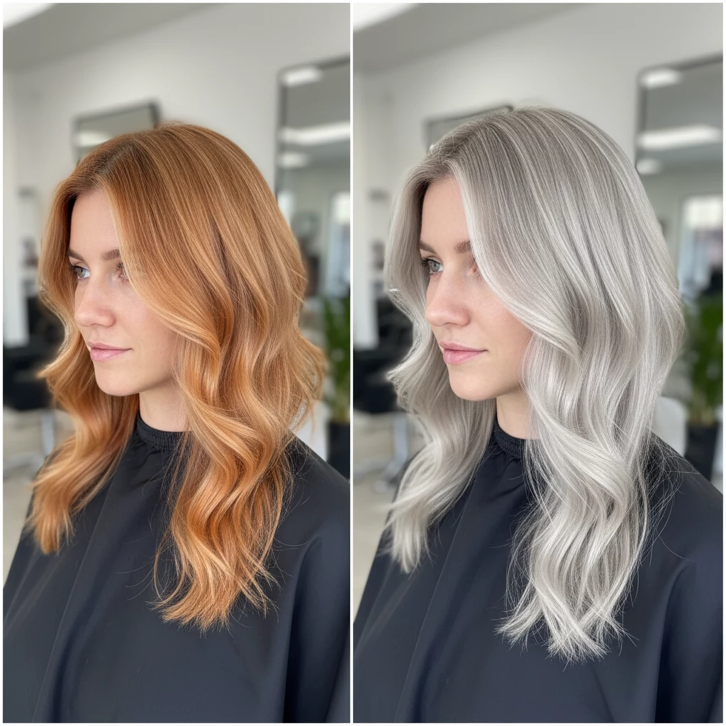 коррекция цвета волос до и после рыжий оттенок и холодный пепельный блонд