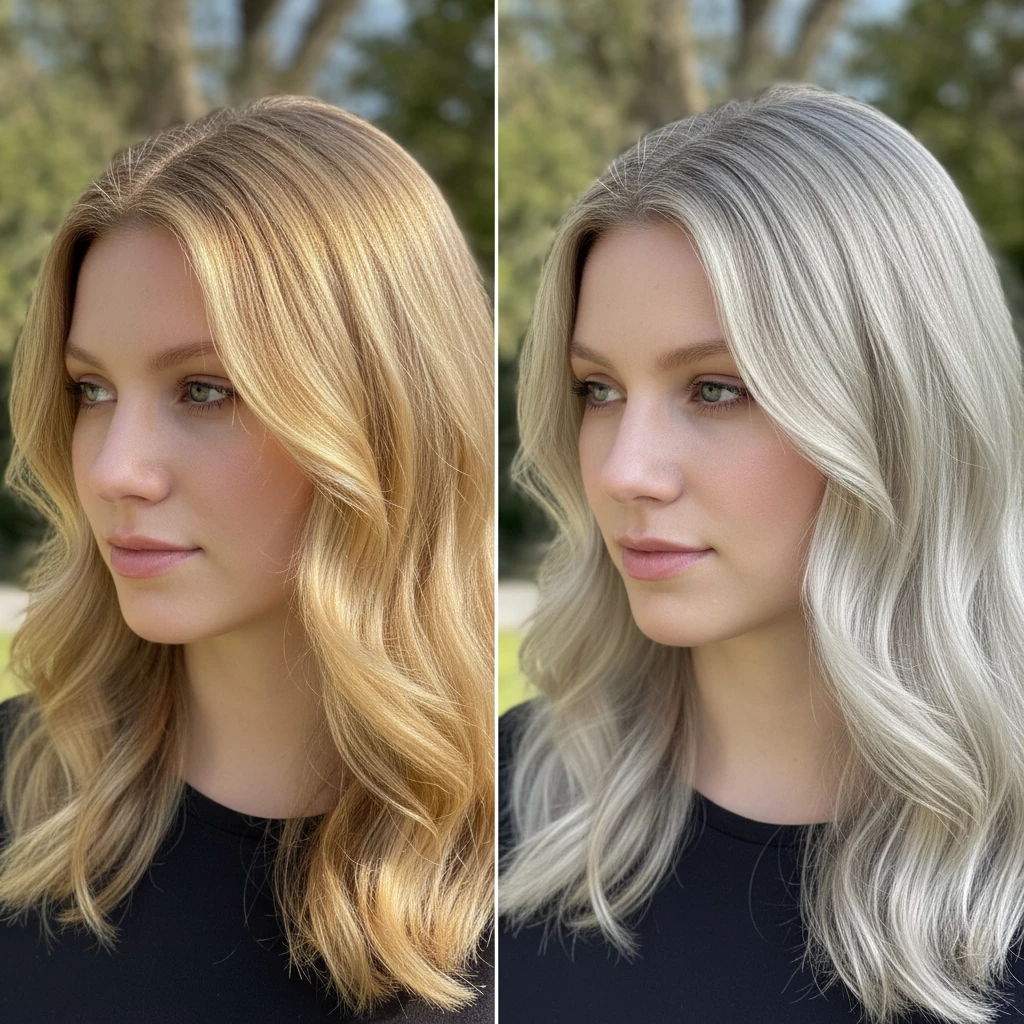 желтизна волос до и после коррекции чистый холодный блонд